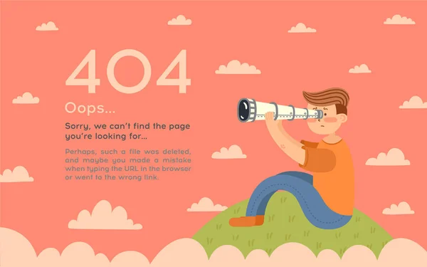 Web sitesi için 404 hata sayfası vektör şablonu. Adam bir tepe üzerinde oturur ve gökyüzünü teleskopla görünüyor.