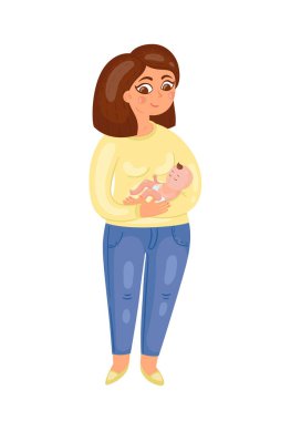 Yeni doğmuş bir bebek ile genç bir anne. Vektör çizim