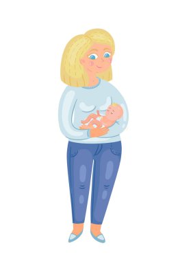 Yeni doğmuş bir bebek ile genç bir anne. Vektör çizim