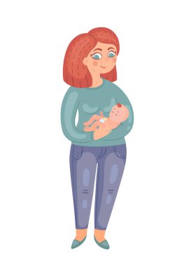 Yeni doğmuş bir bebek ile genç bir anne. Vektör çizim