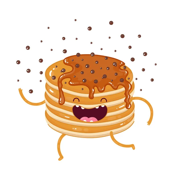 Karaktär Bunt Pannkakor Med Lönnsirap Och Choklad Pulver Doodle Illustration — Stock vektor