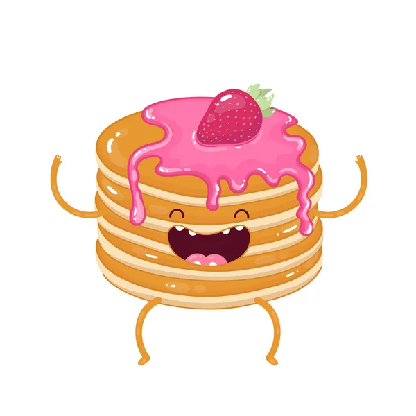 Karakter çilek şurubu ve taze çilek ile krep yığını. Doodle illüstrasyon