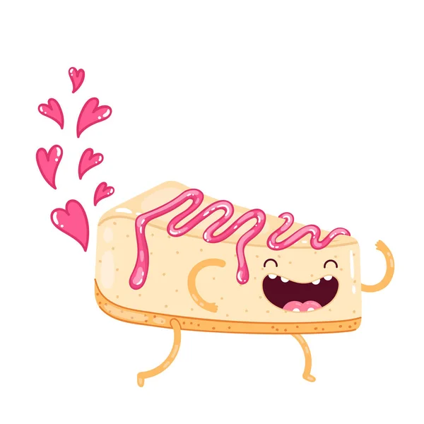 Parçası cheesecake çilek şurubu ile. Şirin doodle vektör karakter