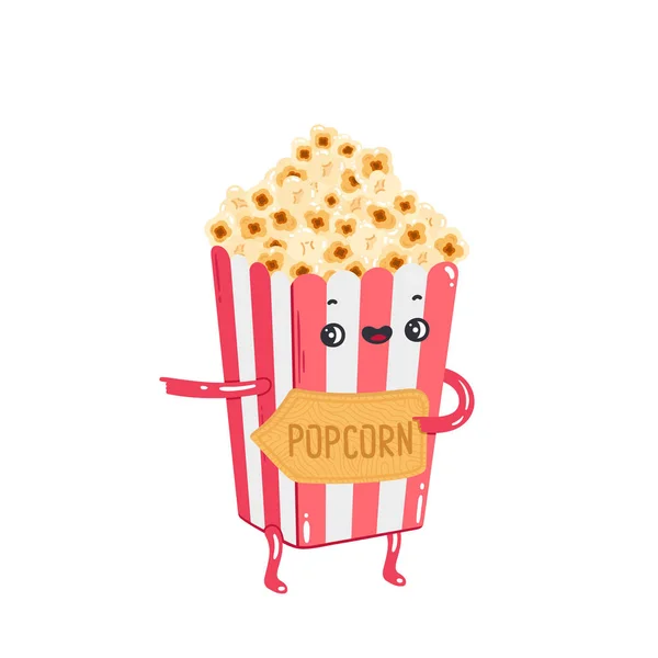 Popcorn Söt Karaktär Med Plakett Som Anger Riktningen Biografen Café — Stock vektor