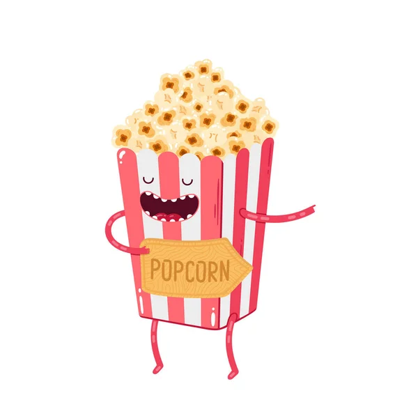 Popcorn Cute Znaków Tablicą Pamiątkową Wskazując Kierunek Kinie Kawiarnia Gdzie — Wektor stockowy