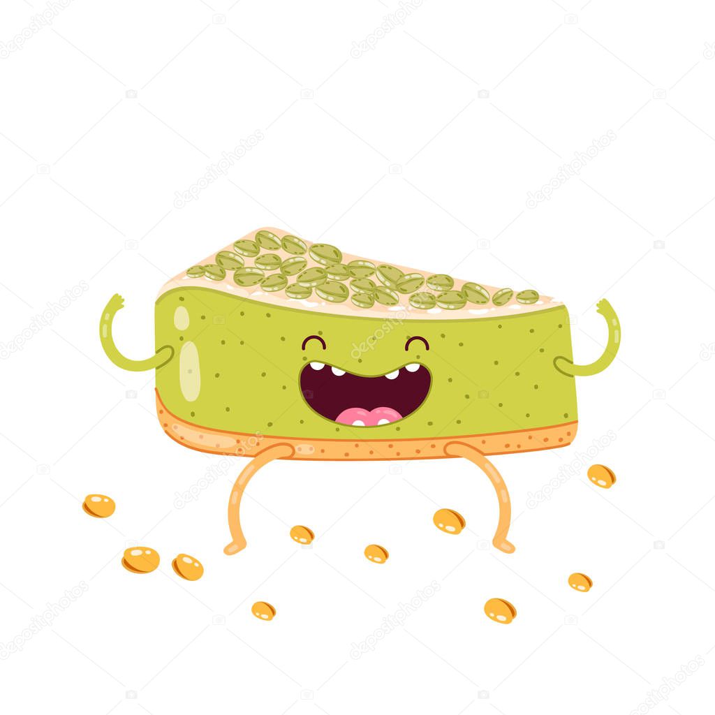 Slice of pistachio cheesecake. Cute doodle vector character