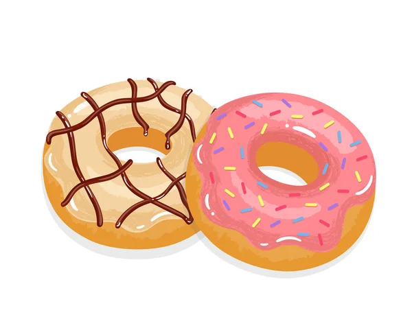 Heerlijk Smakelijk Donuts Met Glazuur Beregening Vectorillustratie — Stockvector