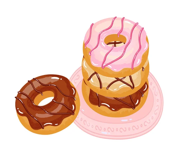 Donuts Apetitosos Brilhantes Com Esmalte Aspersão Uma Chapa — Vetor de Stock