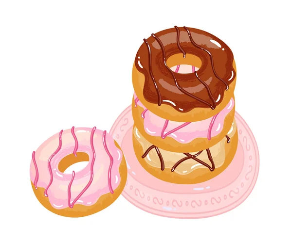 Donuts Apetitosos Brilhantes Com Esmalte Aspersão Uma Chapa — Vetor de Stock