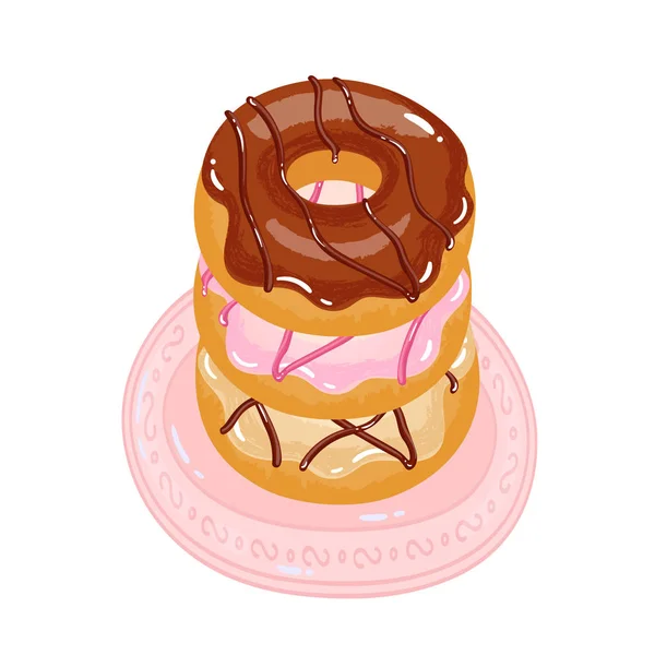 Heldere Smakelijk Donuts Met Glazuur Beregening Een Plaat — Stockvector
