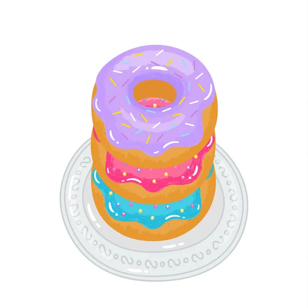明亮的开胃甜甜圈与釉和洒在盘子上 — 图库矢量图片