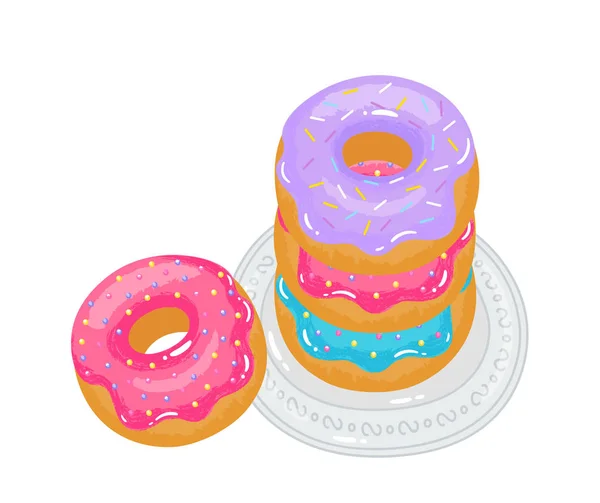 Brillantes Rosquillas Apetitosas Con Esmalte Aspersión Plato — Vector de stock