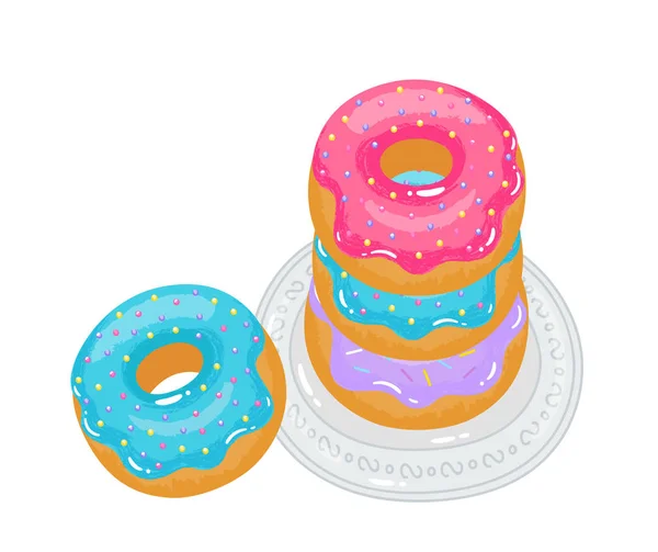 Bright Appetizing Donuts Glaze Sprinkling Plate — Stock Vector