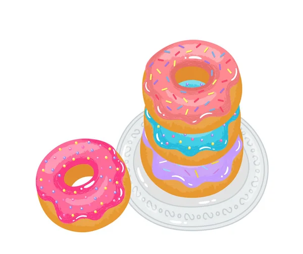 明亮的开胃甜甜圈与釉和洒在盘子上 — 图库矢量图片