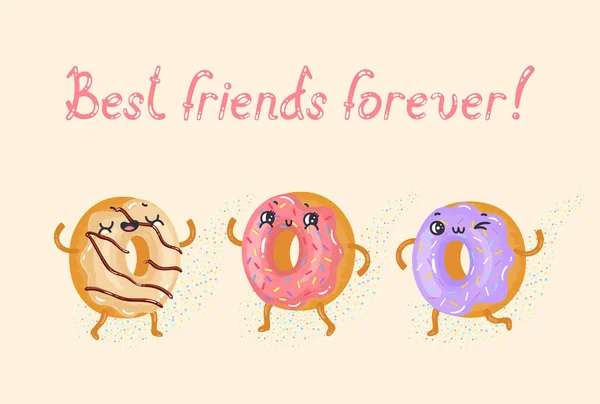 Bright Vector Illustration Cute Donut Characters Best Friends Forever — Stock Vector