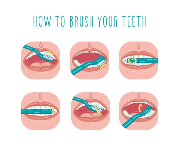 Cómo Cepillarse Los Dientes Plantilla Infografía Vectorial Ilustración Plana — Vector de stock