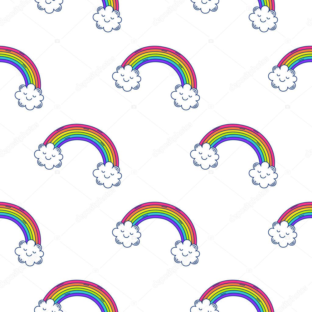 Cute hand-drawn endless doodle pattern with rainbows.