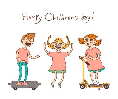 Mutlu Çocuk Bayramı. Kart doodle tarzı çocuklu