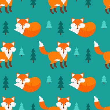 Şirin sorunsuz vektör desen ile çizilmiş tilki parlak orman arka plan üzerinde.
