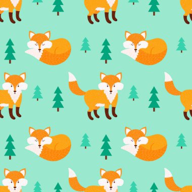 Şirin sorunsuz vektör desen ile çizilmiş tilki parlak orman arka plan üzerinde.