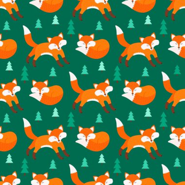 Şirin sorunsuz vektör desen ile çizilmiş tilki parlak orman arka plan üzerinde.