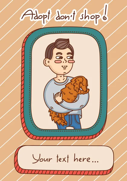 Template banner for shelter or social advertising. A guy is holding an adoptive dog without a pedigree. Nice cartoon illustration in the doodle style.