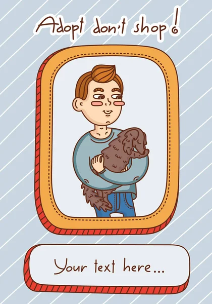 Template banner for shelter or social advertising. A guy is holding an adoptive dog without a pedigree. Nice cartoon illustration in the doodle style.