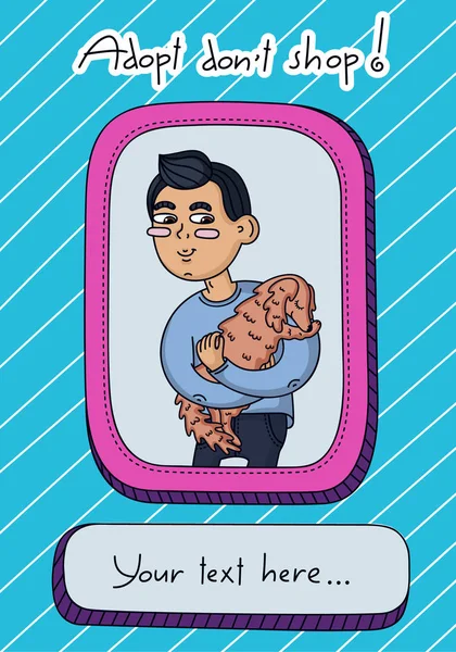 Template banner for shelter or social advertising. A guy is holding an adoptive dog without a pedigree. Nice cartoon illustration in the doodle style.