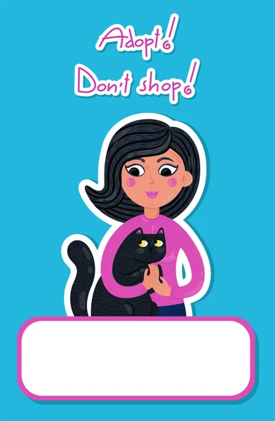 Template banner for shelter or social advertising. Illustration with  nice girl which is holding an adopted cat and hand-written inscription 