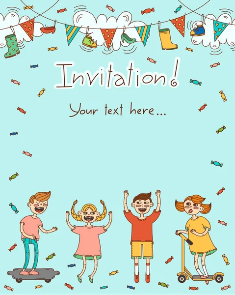 Grappige Zomer Kinderen Houden Een Banner Voor Inschrijving Een Feestelijke — Stockvector