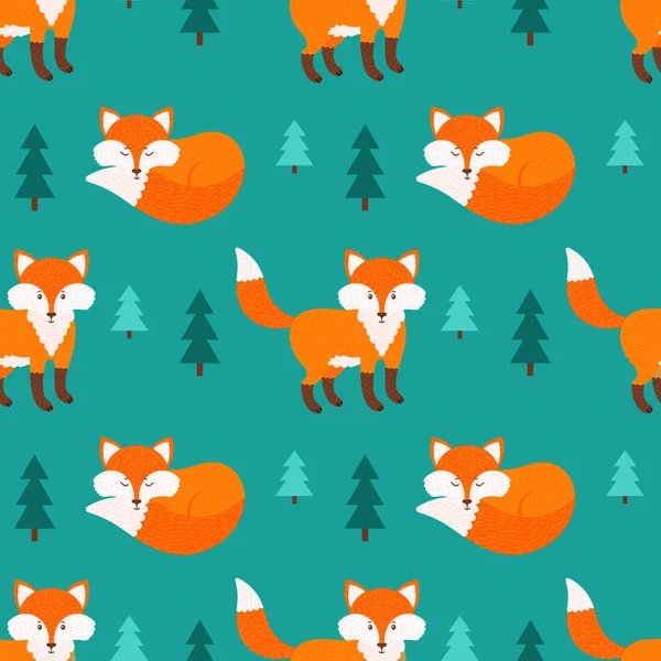 Cute Seamless Vector Pattern Hand Drawn Foxes Bright Forest Background — Stock Vector