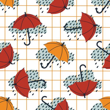 Vektör Dikişsiz sonbahar desen ile lastik çizmeler, bulutlar ve şemsiye