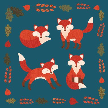 Vektör kümesi dört şirin tilki ve sonbahar yaprakları. Bu güzel el çizilmiş karikatür karakterler kartpostallar, poster, skrapbooking, davetiyeler ve diğerleri kullanılabilir.