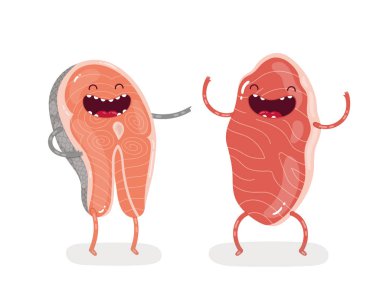 Şirin doodle karakter mermer sığır eti biftek ve somon steak sonsuza kadar en iyi arkadaş oldular. İzole vektör çizim.