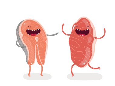 Şirin doodle karakter mermer sığır eti biftek ve somon steak sonsuza kadar en iyi arkadaş oldular. İzole vektör çizim.