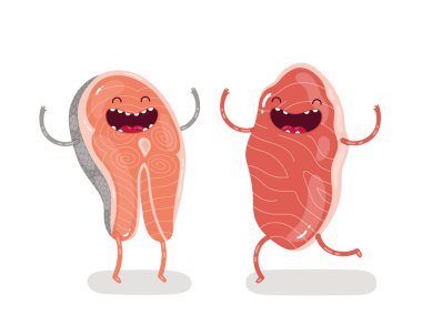 Şirin doodle karakter mermer sığır eti biftek ve somon steak sonsuza kadar en iyi arkadaş oldular. İzole vektör çizim.