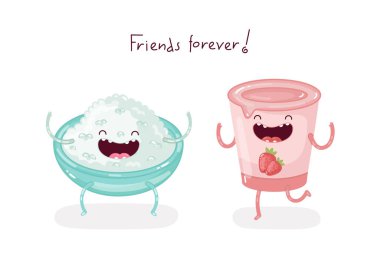Şirin doodle karakter kase süzme peynir ve çilekli yoğurt sonsuza kadar en iyi arkadaş oldular. İzole vektör çizim