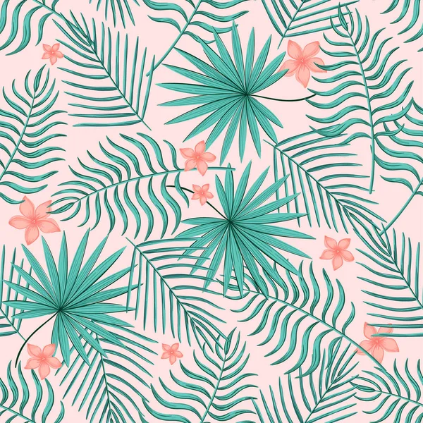 Nahtloses Muster mit tropischen Blättern und Blüten. — Stockvektor