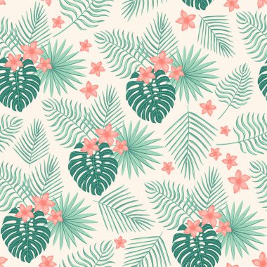 Tropik yapraklar ve çiçeklerle kusursuz desen.