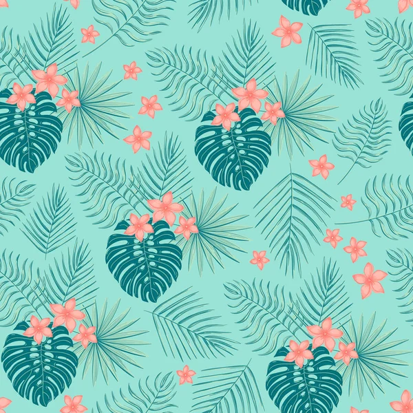 Motif sans couture avec feuilles et fleurs tropicales. — Image vectorielle