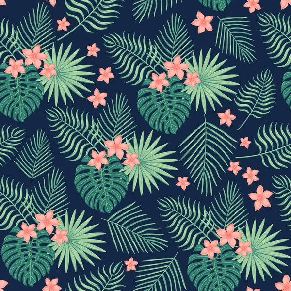 Seamless pattern with tropical leaves and flowers. — Stock Vector