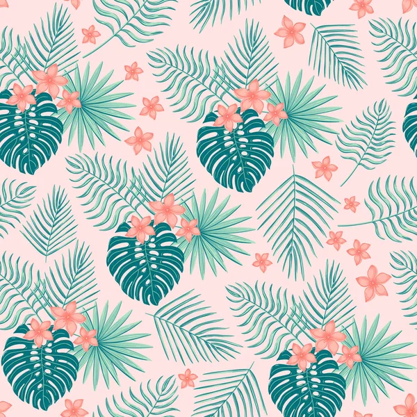 Motif sans couture avec feuilles et fleurs tropicales. — Image vectorielle