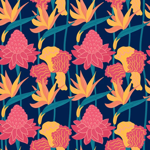 Nahtlose Vektor-handgezeichnete abstrakte Muster mit tropischen Blättern und Blumen im skandinavischen Stil. — Stockvektor