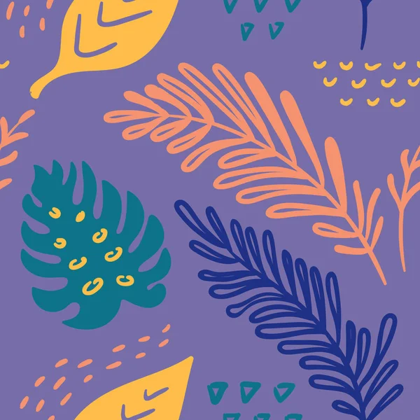 Seamless vector hand-drawn abstract pattern with tropical leaves in scandinavian style. — Stock Vector