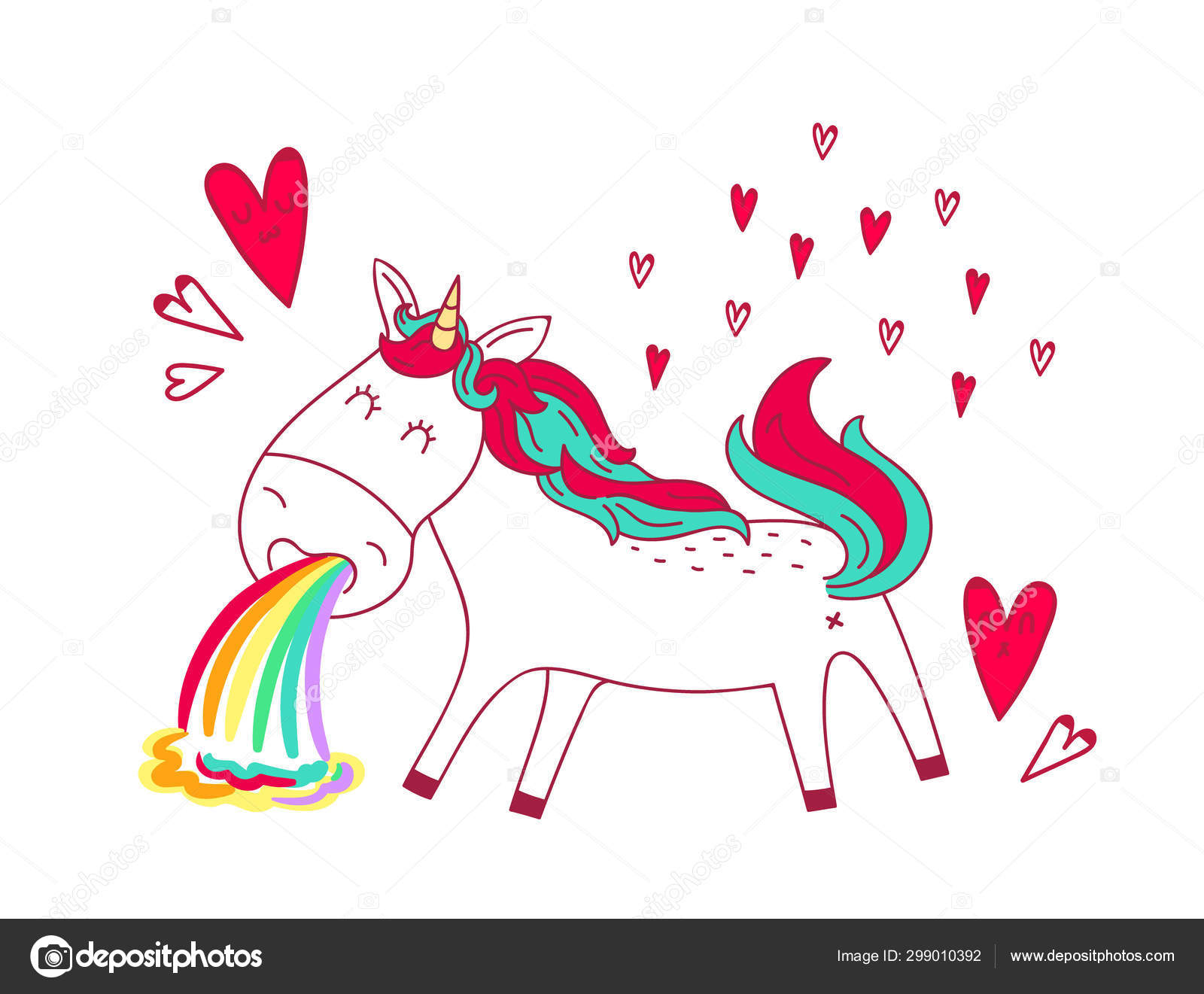 Lindo Doodle Kawaii Unicornio Vomita Con Un Arco Iris Vector Grafico Vectorial C Zhannamay27 Imagen