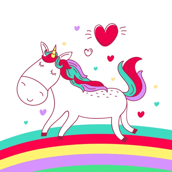 Niedliches Doodle Kawaii Einhorn läuft über den Regenbogen. — Stockvektor