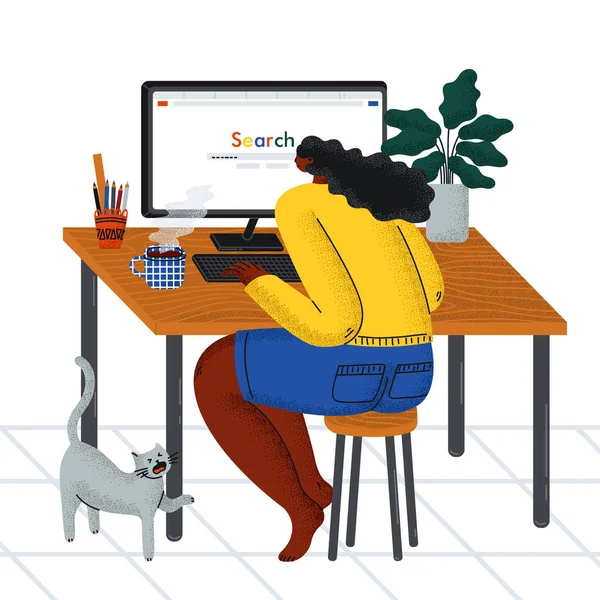 Una ragazza si siede a un tavolo davanti a un computer . — Vettoriale Stock