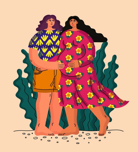 Беременная лесбийская пара на фоне тропиков . Стоковая Иллюстрация
