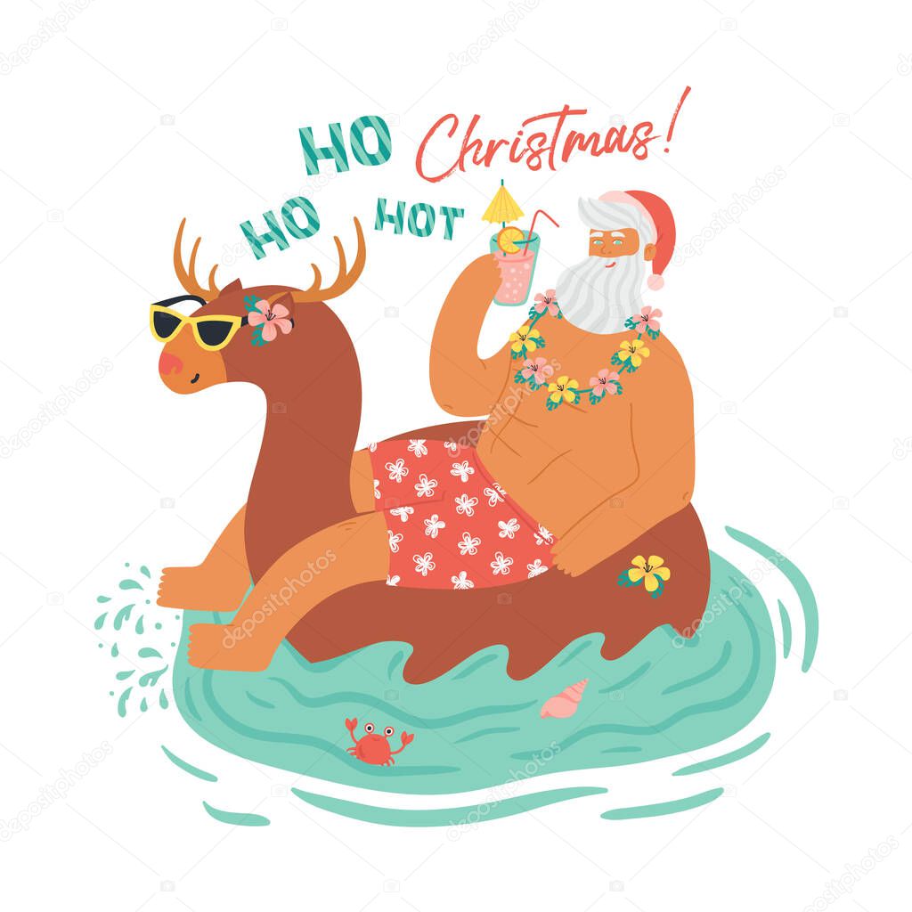 Funny cartoon character. Youthful sexy Santa Claus dressed in swimming shorts and a wreath of flowers on a summer vacation. Santa with a cocktail in his hand sits in a rubber ring in the form of a Rudolph deer and sways on the waves.