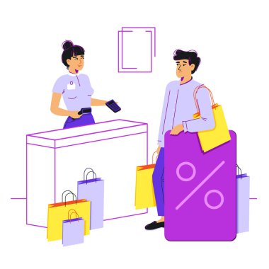 Bir sürü alışverişi ve büyük bir plastik indirim kartı olan yorgun bir adam kasada bekliyor. Aynı anda hem alışveriş yapıp hem de plastik kart bulundurmaktan rahatsız oluyor..